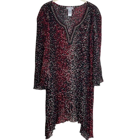 Catherines Womens Tunic Top 2X Pleated Beaded Black Red Polka Dot Asymmetric Hem - Picture 1 of 7